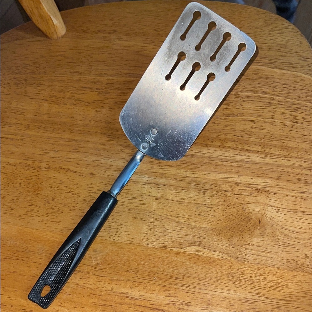 Vtg Ekco Stainless Keyhole Long Blade Slotted Spatula 12 ¼” Black Nylon Handle